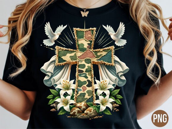 Camo Cross Christian Peace Doves PNG for T-Shirt Designs