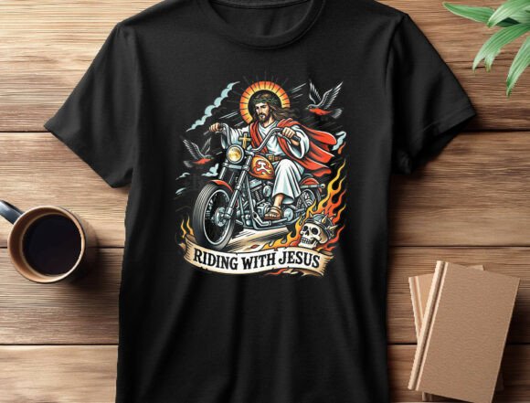 Traditional Tattoo Jesus on Motorcycle T-Shirt Designs